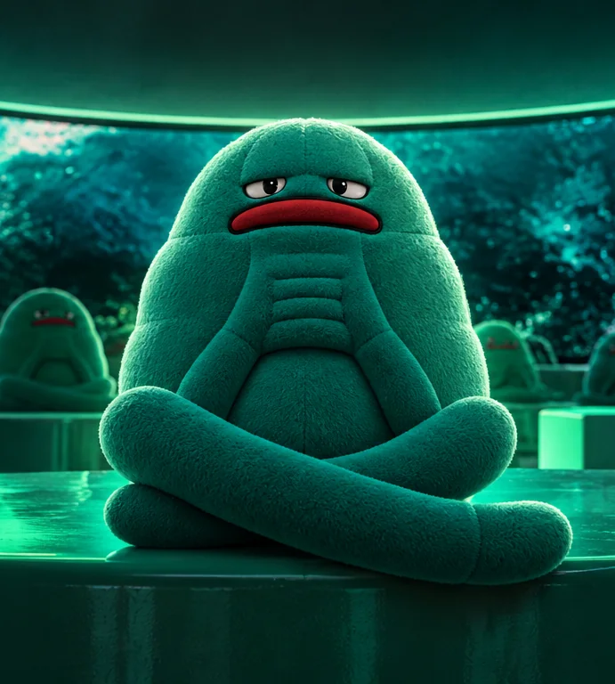 PLUSHIE, a teal plush creature with half-lidded eyes and a red frown, sits cross-legged on a glowing green platform while rows of identical plushies and a wall of rippling screens surround him.