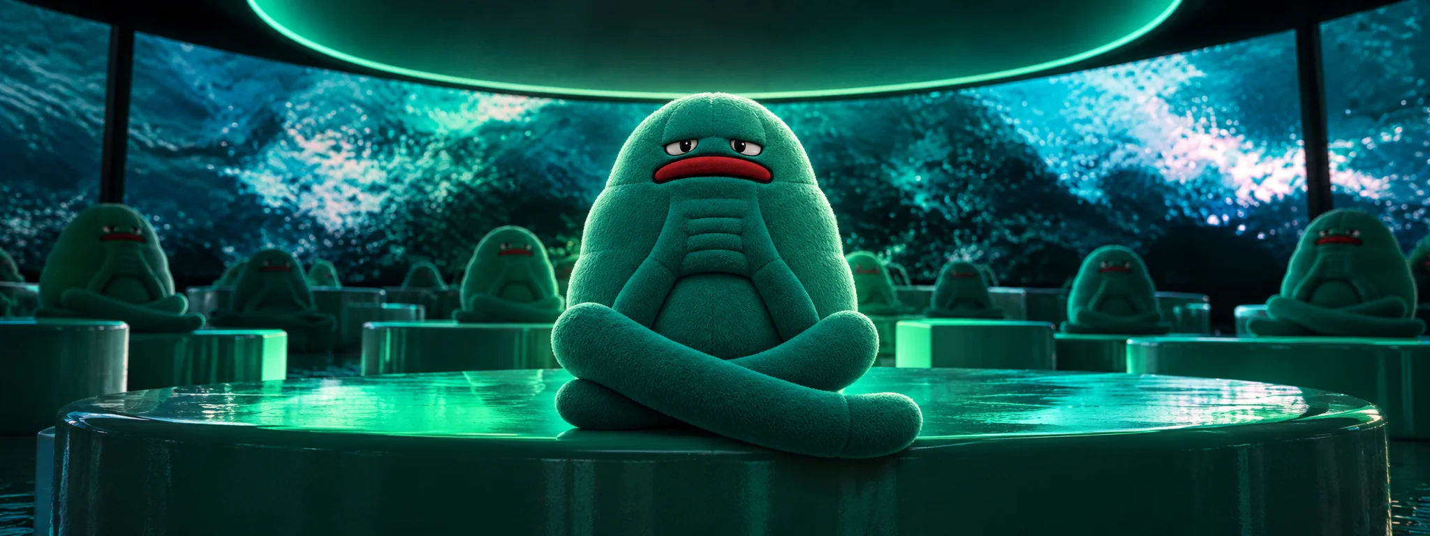 PLUSHIE sitting cross-legged on a glowing green platform, with rows of identical plushies behind him and a wall of rippling screens.