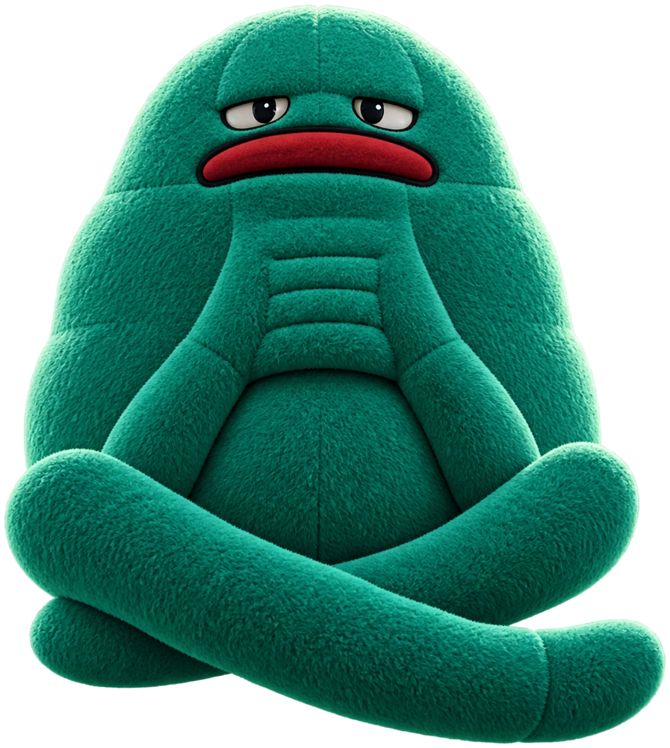 PLUSHIE: a teal plush creature with small half-lidded eyes, a red frowning mouth, a ridged chest and long limbs crossed in front of him.